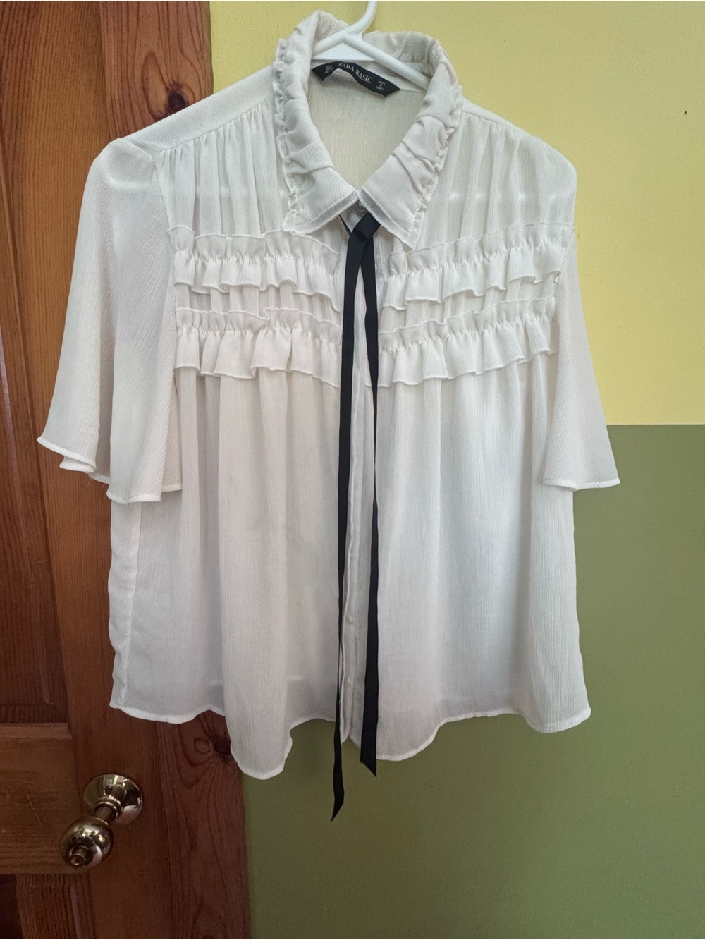 Zara White Ruffled Tie-Neck Blouse with Black Ribbon